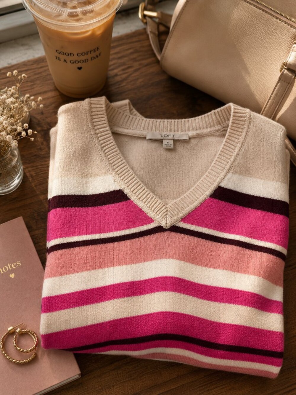 LOFT Striped Sweater Soft Girl Cozycore Pink Cream Size M
